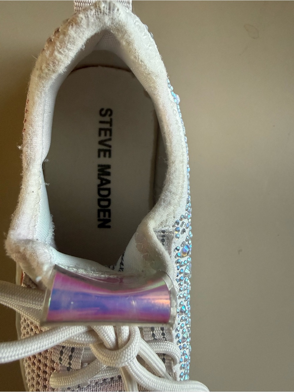 Steve Madden White Knit Sneakers with Pink Sparkle Accents - Picture 6 of 7